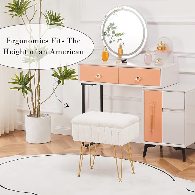 Wimarsbon Storage Ottoman, Vanity Stools with Metal Legs, 16.5" x 11.8" x 18" Modern Faux Mink Fur Footstool, Makeup Chair with Anti-Slip Feet, Accent Table,Footrest,Storage Bench for Bedroom