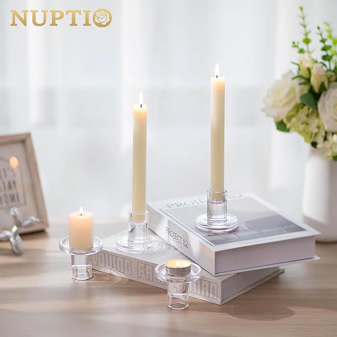 NUPTIO Glass Taper Candle Holders: Set of 2 Clear Small Candlestick Tapered Holder for Candles Sticks Modern Short Tapers Candleholders for Wedding Christmas Thanksgiving Party Table Decor