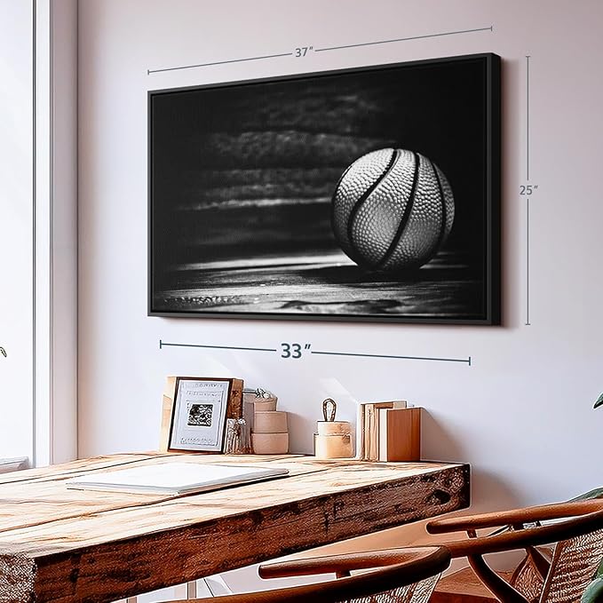 ElephantStock Basketball Wall Art - Horizontal Framed Canvas - 1-Piece Hallway Wall Decor - Photography sports Canvas Print - Black and Gray Decor for Wall - 37" X 25"