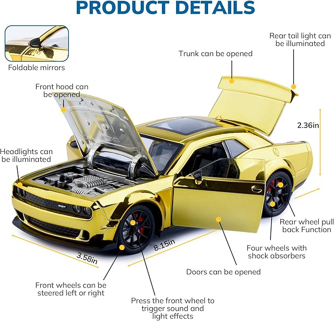 Car Toys for Boys 1/24 Diecast Cars Hellcat SRT Collectibles Model Kit,Pull Back Metal Toy Car with Lights and Sounds,Toy Cars for Boys Age 4-7（Gold）