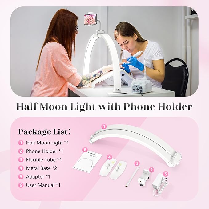 Yokilly Half Moon Light for Nail Desk: 29" Foldable Half Moon Desk Lamp with Phone Holder for Beginner - Arch Nail Tech Light with 3 Color Modes & 10 Brightness for Manicure Salon (White, Large)