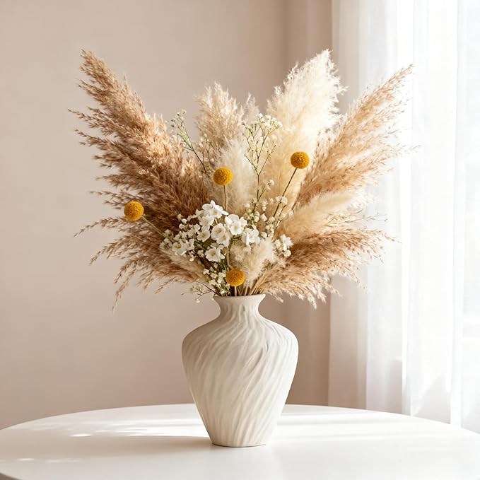 Ceramic Vase - Beige Flower Vase for Home Decor, Boho Farmhouse Minimalist Modern & Wabi Sabi Style Centerpiece with Textured Wave Pattern for for Living Room, Ideal Gift for Housewarming