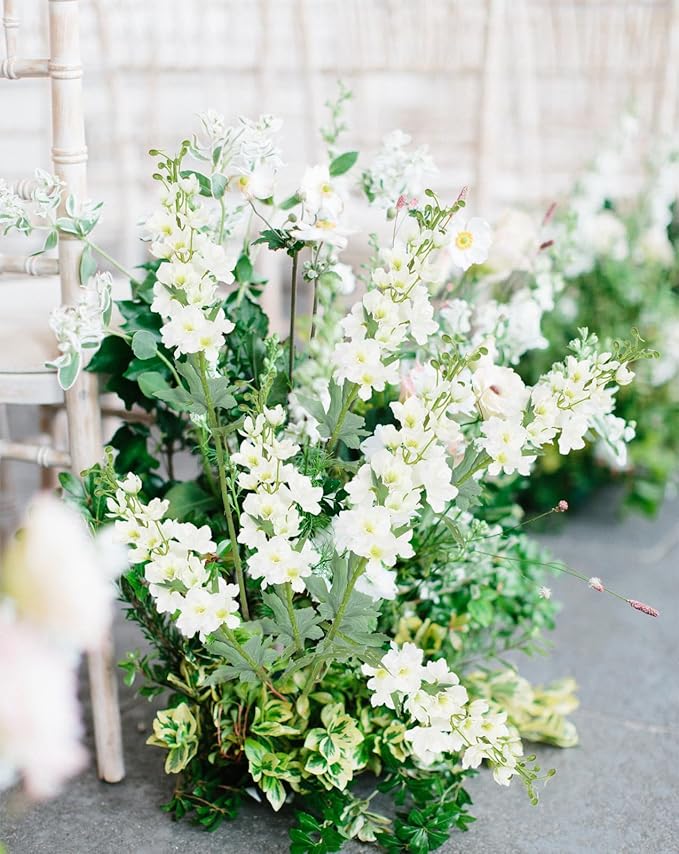 8PCS Artificial Delphinium White Flowers with Clematis Greenery Long Stem Artificial Flowers Cream for Tall Vase for Home Wedding Floral Arrangement Centerpiece Table Decor (Cream White)