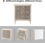 HOMPUS Farmhouse 3-Drawer Dresser with Flower Pattern, Night Stand with 3 Storage Drawers, Fully Assembled Nightstand for Boho, Accent End Table, Chest of Drawers for Entryway, Bedroom, Distress White