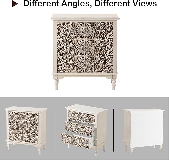 HOMPUS Farmhouse 3-Drawer Dresser with Flower Pattern, Night Stand with 3 Storage Drawers, Fully Assembled Nightstand for Boho, Accent End Table, Chest of Drawers for Entryway, Bedroom, Distress White