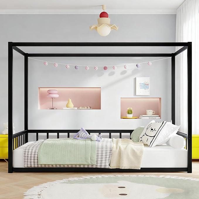 Canopy Floor Bed for Kids – Twin Size, Matte-Black Steel Frame with Safety Fence, Unisex Design for Boys & Girls, Box Spring Required, Quick Assembly (Twin)