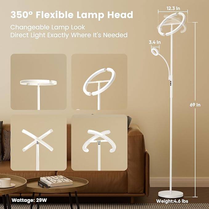 White LED Floor Lamp - Dimmable 2 Lights Standing Lamp with Remote&Touch Control, 4 Color& 10 Brighness Adjustable Floor Reading Light, Modern Tall Lamp for Living Room Bedroom Office Corner