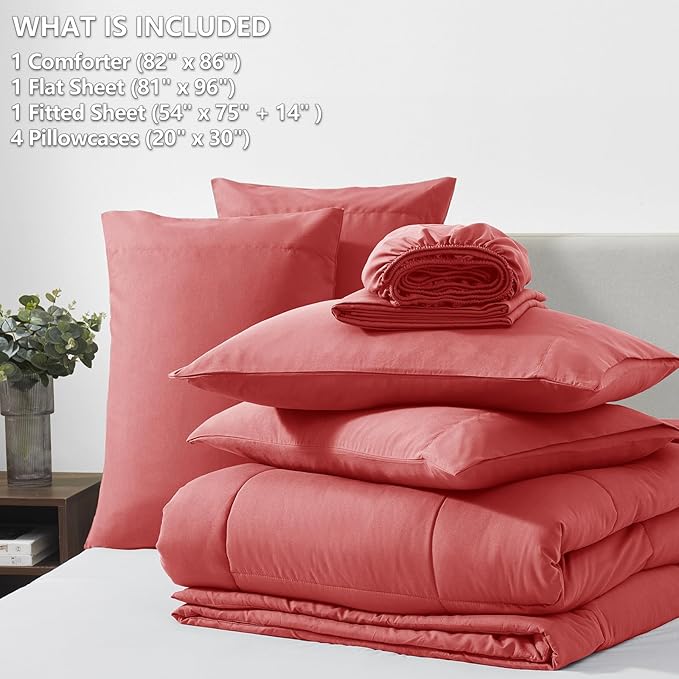 CozyLux Full Size Comforter Sets Coral, 7 Pieces Bed in a Bag, Coral Comforter Full Size, All Season Bedding Sets with Stitch Quilted Comforter, Flat Sheet, Fitted Sheet, Pillowcases