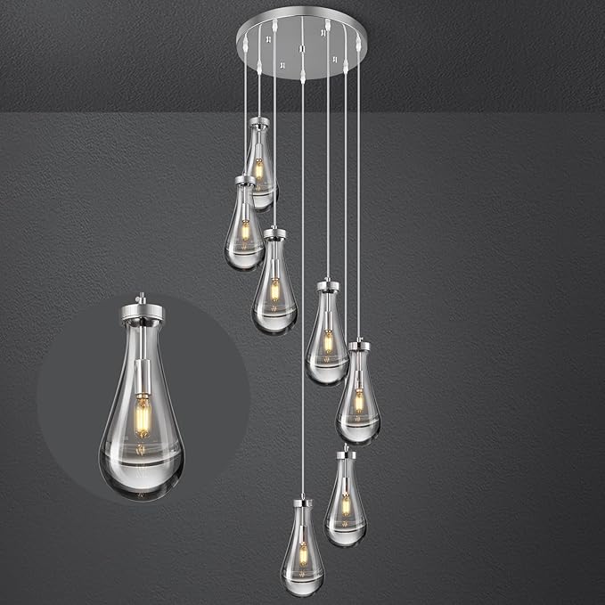 Raindrop Pendant Lights Kitchen Island Teardrop Chrome Hanging Light Fixtures Clear Solid Glass Pendant Light Modern Chandeliers for Dining Room Porch Corridor Living Room(7-Light)