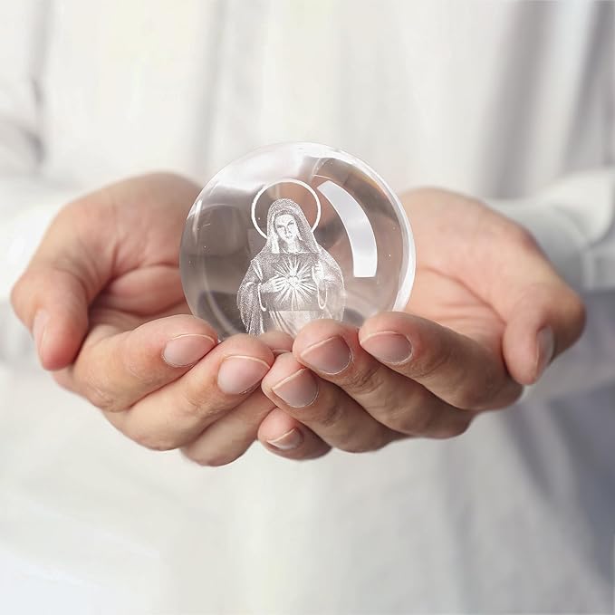 ZEERSHEE 3D The Virgin Mary Holding The Bible Crystal Ball with Stand Blessed Mother Statues Paperweight Christian Catholic Religious Gifts for Women Men