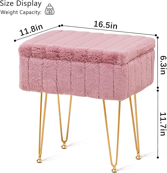 Wimarsbon Faux Mink Fur Storage Ottoman, Modern Soft Footstool, Storage Bench with Metal Legs, Vanity Seat, Fur Stool, Ottoman Coffee Table, Makeup Chair, Vanity Stools for Bedroom (Pink)