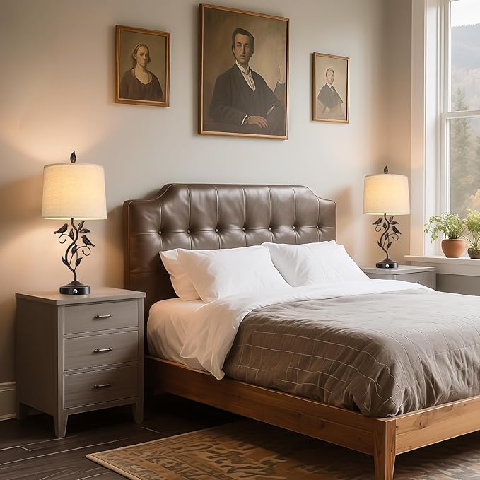 27" Set of 2 Touch Farmhouse Table Lamps for Living Room with 3-Way Dimmable 2 USB Ports, Vintage Rustic Iron Leaf Nightstand Lamp for Bedroom, LED Bulb Included (‎Bronze)