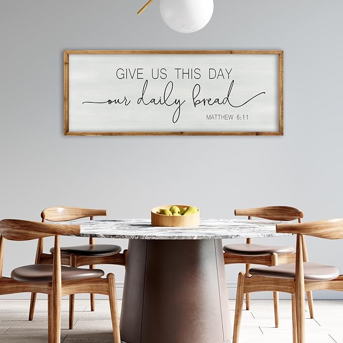 ZZJJHYWGQ Dining Room Wall Decor Give Us This Day Our Daily Bread Sign Bible Verse Christian Quotes 32"×12" Matthew 6:11 for Kitchen Large Farmhouse Rustic Horizontal Wall Hanging Art (Wood)