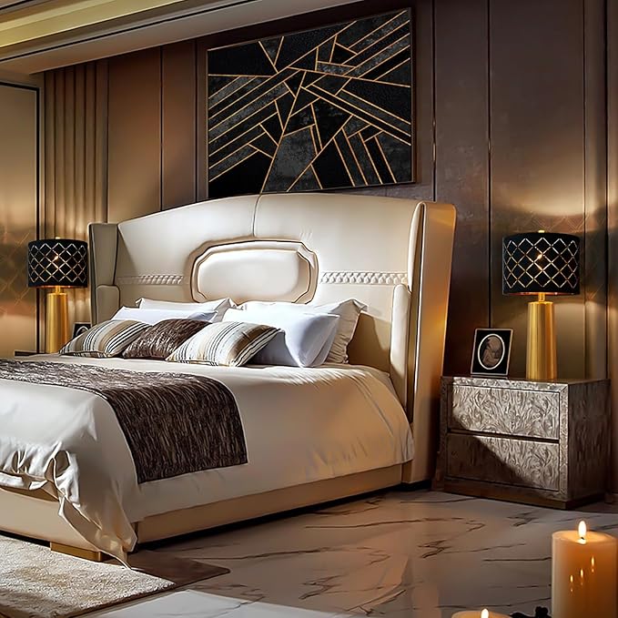 RORIANO Set of 2 Modern Table Lamps for Living Room Bedroom, Gold Nightstand Resin Lamps with Black Grid Shade, Contemporary Desk Lamps for Bedside End Tables, 2 Bulbs Included (Gold)