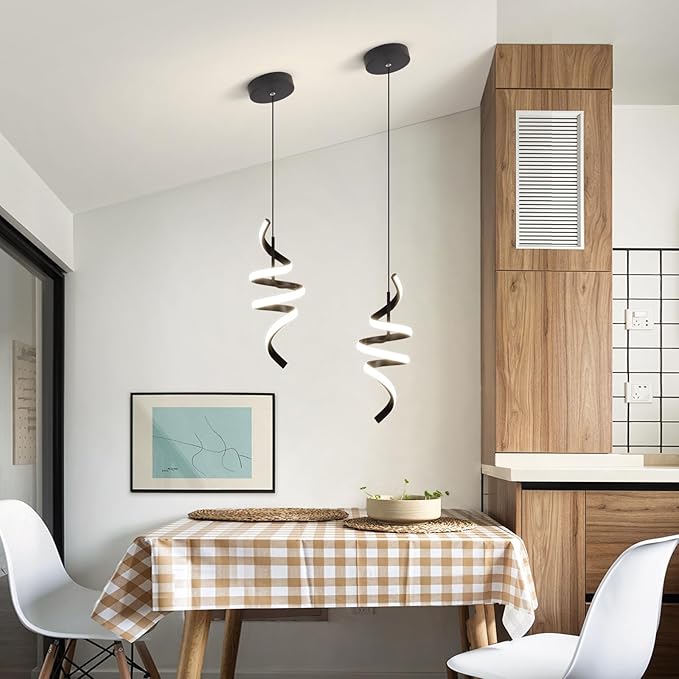 Modern Spiral LED Pendant Lights Kitchen Island, 22W Adjustable Height Hanging Light Fixture 5500K Black Chandelier for Dining Room Cafe Table, 3 Pack