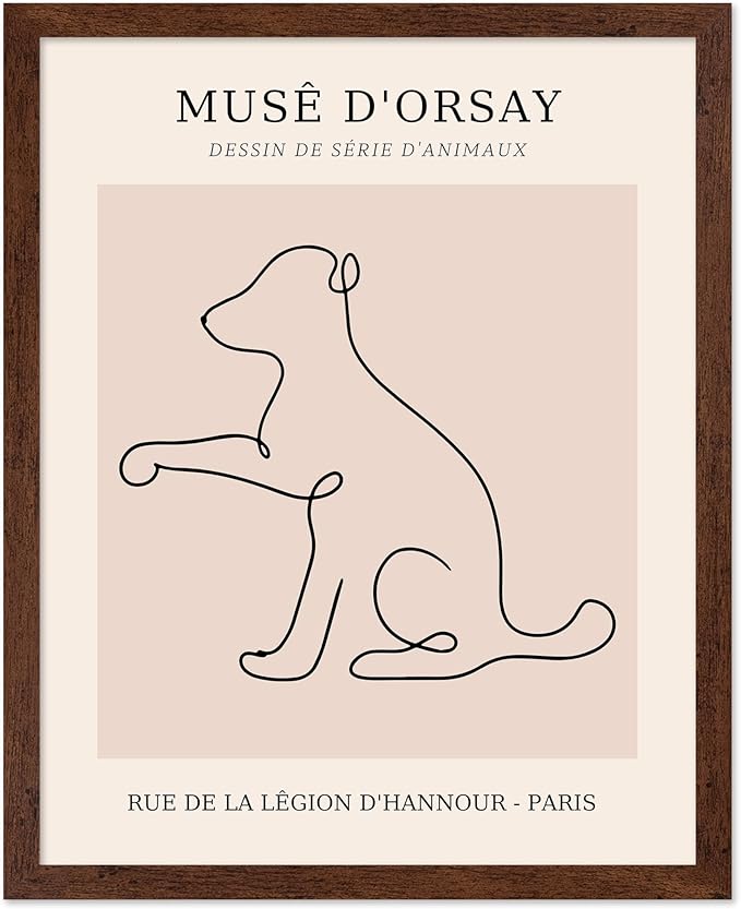 Poster Master Vintage Poster - Retro One Line Dog Drawing Print - Dog Art - Minimal Gift for Men, Women, Animal Lover - Abstract Wall Decor for Home, Office, Bedroom, 11x14 Brown Framed