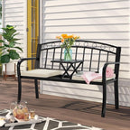 AVAWING Outdoor Metal Garden Bench, 2-Seat Patio Porch Bench with Steel Frame, Park Bench w/Pullout Middle Table＆ Cushion for Backyard Lawn Deck Entryway, Black
