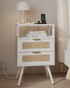 Rattan Nightstand with Charging Station,Farmhouse Bedside Table with 2 Storage Drawer and Open Wood Shelf, for Bedroom and Small Spaces,Night Stand with Solid Wood Legs (White-Outlet)
