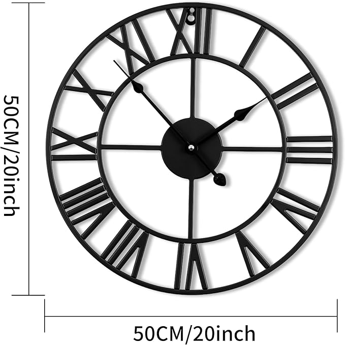20inch/50cm Large Wall Clocks for Living Room Decor,Modern,Battery Operated,Silent,Non Ticking,Big Black Round Wall Clock for Home,Farmhouse,Office,Decoration(Iron Roman Numerals, 20 inches)