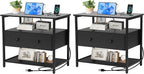 27 Inch Wide Night Stand Set 2 with Charging Station, Wood Nightstand with Open Shelf, Large Drawer Bedside Table for Living Room/Bedroom/Office (Black)