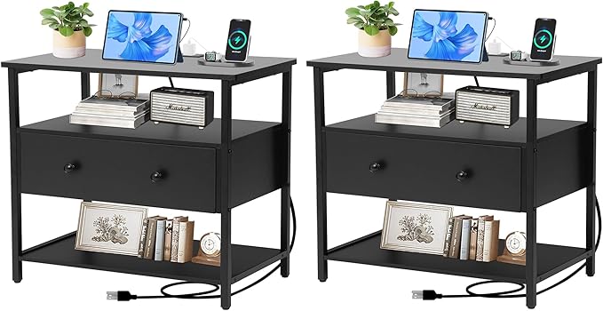 27 Inch Wide Night Stand Set 2 with Charging Station, Wood Nightstand with Open Shelf, Large Drawer Bedside Table for Living Room/Bedroom/Office (Black)