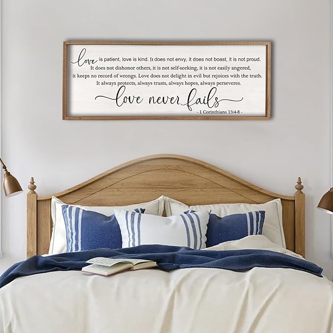 flowtorely Love is Patient, Kind Wall Art Decor 40"X15" Sign 1 Corinthians 13 Bedroom Above Bed Wall Decor Large Bible Verse Quote Scripture Christianity Hanging Sign (Wood)