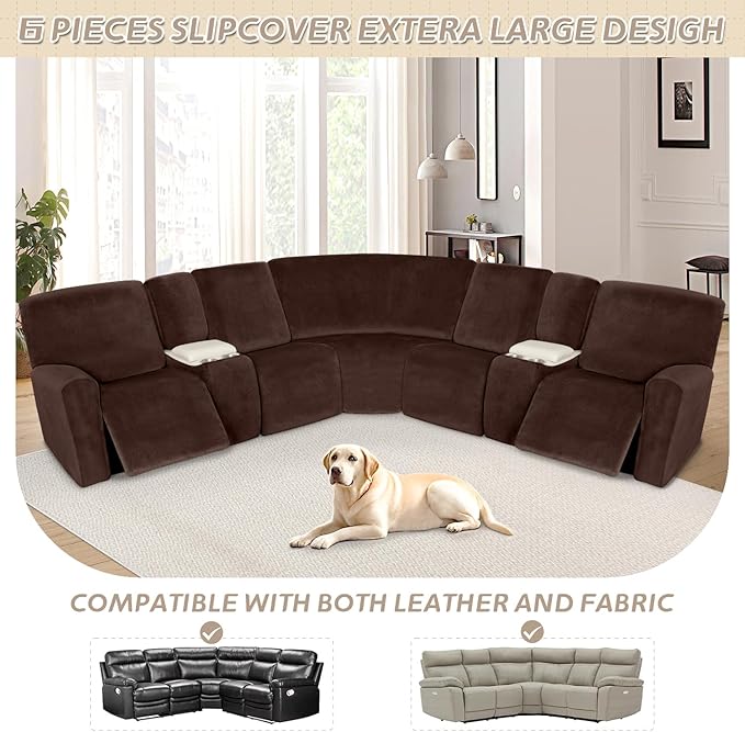 Arfntevss Sectional Recliner Couch Covers Velvet Washable Corner Sectional Sofa Cover for Reclining Couch Stretch Soft Thick L Shape Recliner Slipcover Set (5 Seat with 2 Console Cover, Dark Brown)