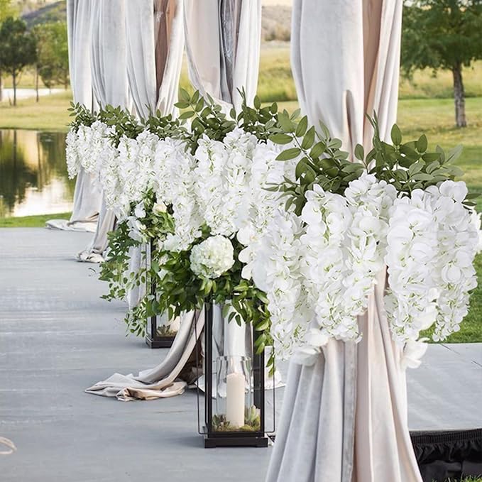 4PCS White Artificial Wisteria Hanging Flowers 40'' Tall Lush Fake Wisteria Flowers for Floor Vases Silk Flowers for Wedding Arch Ceremony Window Box Home Garden Backdrop Decoration (White)