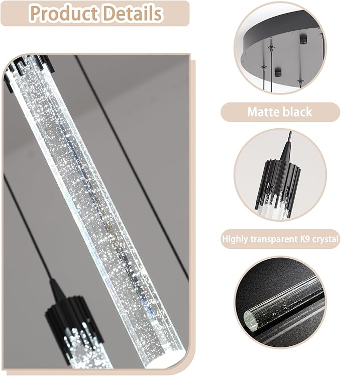 H138'' Crystal Bubble Column Chandelier Black 12-Lights Ceiling Light for Foyer Entrance Pitched Ceiling Loft Lighting Fixture LED Dimmable 2700K-6000K