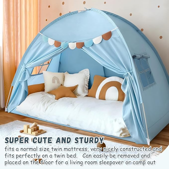 Sherilyn Twin Bed Canopy Tent, Canopy on Bed Privacy Space Sleeping Blackout Tents Bunk Bed Tent Twin Size (Blue)