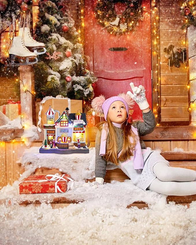 Bdor Christmas Village Lighted Decoration Animated Display Musical Christmas Collectible Popcorn Factory Battery Operated Resin Indoor Decor