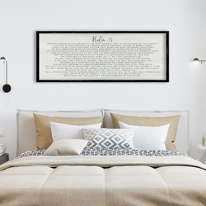 ZZJJHYWGQ Catholic Wall Decor Psalm 91 Bible Verse Wall Art 32"×12" Scripture Print Sign for Home Prayer Room Family Christian Inspirational Quotes Wood Framed Religious Wall Hanging (Black)