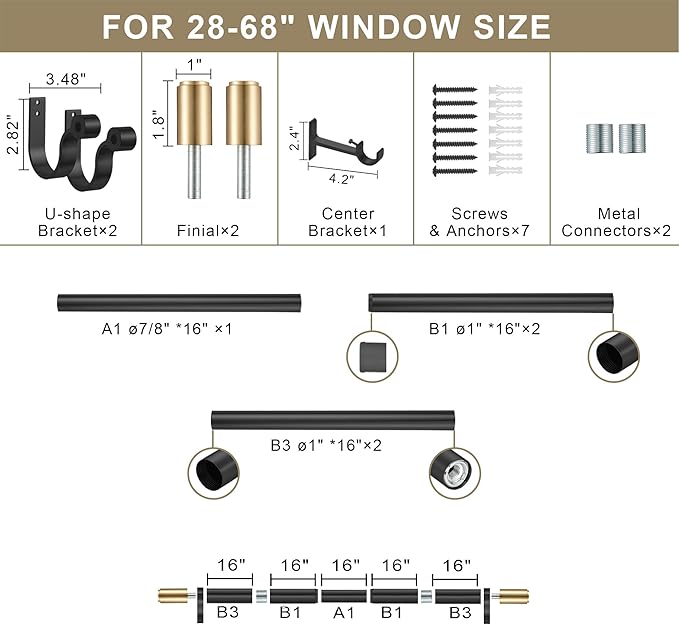 Curtain Rods for 28-68” Windows, Splicing Construction, 1” Adjustable Drapery Rod with Aluminum Alloy Brackets and Finials for Window, Sliding Door, Patio, Living Room Decoration, Matte Black&Gold