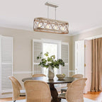 XINGQI Kitchen Island Chandelier for Dining Room Modern Farmhouse Rectangle Pendant Lighting Fixture Vintage Linear Hanging 4-Light Rustic Living Room, Antique Brushed Nickel and Wood Grain Finish