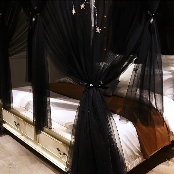 VETHIN 4 Corners Post Princess Bed Canopy Curtain Double Layer Cozy Drape Netting 4 Opening Mosquito Net for Girls & Adults Bedroom Decoration Accessories (Double Black, 78" W*86" L*82"*H/(King))