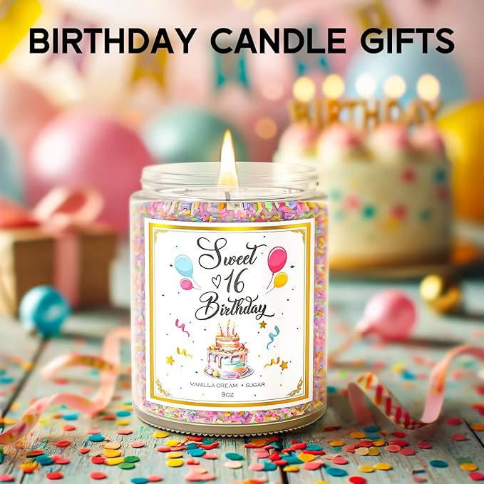Sweet 16 Birthday Candles for Women - 9 oz Happy Birthday Candle with Vanilla Birthday Cake Scent, Gifts for Women & Men, Friendship Ideas