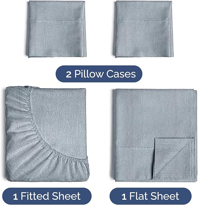 Twin Sheets Set 4 Piece - Includes 2 Pillowcases - Bed Sheets Twin Size - Soft Hotel Luxury Bedding - Cooling, Comfy & Breathable - 1 Flat & 1 Fitted & 2 Pillowcases w/ Deep Pockets - Heathered Blue
