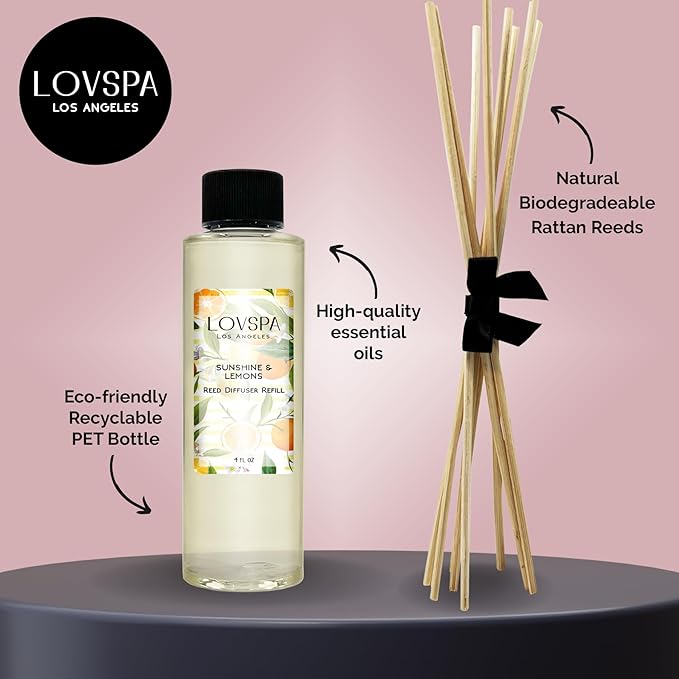 LOVSPA Sunshine & Lemons Diffuser Oil - Luxury Essential Oils for Diffuser Refill & Air Freshener Room Spray - Long-Lasting & Natural Home Fragrance, Scented Oil for Diffusers, USA Made, 4oz