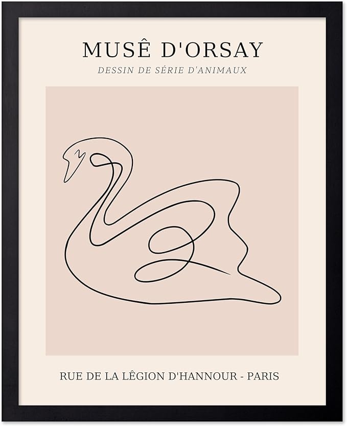 Poster Master Vintage Poster - Retro One Line Swan Drawing Print - Swan Art - Bird Art - Minimal Gift for Her, Animal Lover - Abstract Decor for Home, Office, Bedroom, 11x14 Black Framed