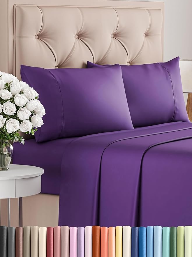 Twin XL Sheets Set 4 Piece - Includes 2 Pillowcases - Bed Sheets Twin XL Size - Soft Hotel Luxury Bedding - Cooling, Comfy and Breathable - 1 Flat & 1 Fitted & 2 Pillowcases w/ Deep Pockets - Purple