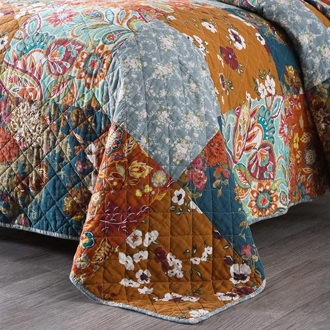Cotton Bedspread Quilt Sets Reversible Bedding Coverlet Sets 3 Pieces Paisley Vintage Floral Yellow Blue Patchwork Bedspread, King Size