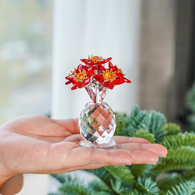 Crystal Red Flower Figurine with Base Glass Flower Figurine Collectibles Gifts for Women Mum Crystal Decoration for Home Office