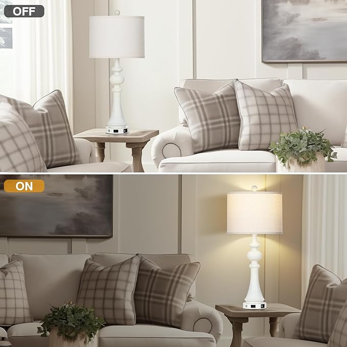 28" Farmhouse Lamps Set of 2 with USB A+C Fast Ports & AC Outlets, Vintage Rustic 3-Way Dimmable Touch Control Table Lamps, Rustic Traditional Bedside Nightstand Lamp for Living Room Bedroom White