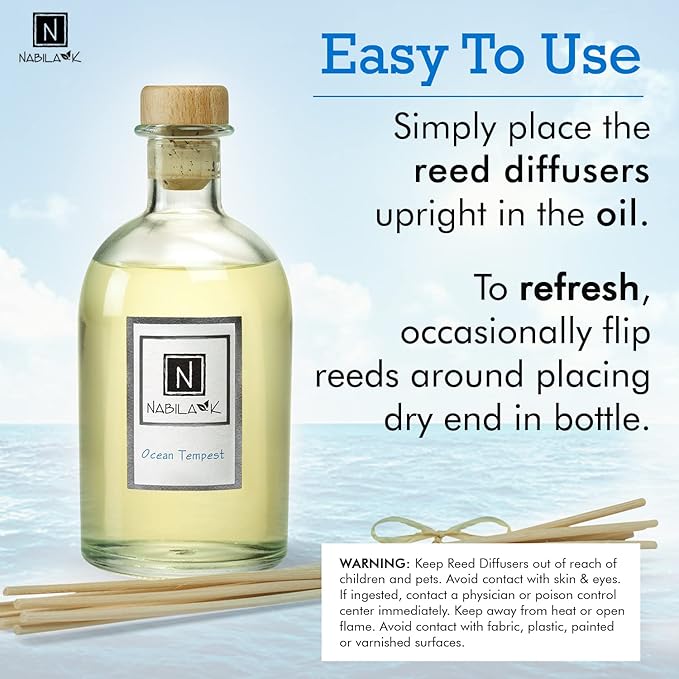 Nabila K Ocean Tempest Reed Diffuser Set – Fresh Floral & Marine Aromatic Oil for Home – Long-Lasting, Smokeless Scent – Made in USA – Includes Reeds + Bottle – Flameless Candle Alternative