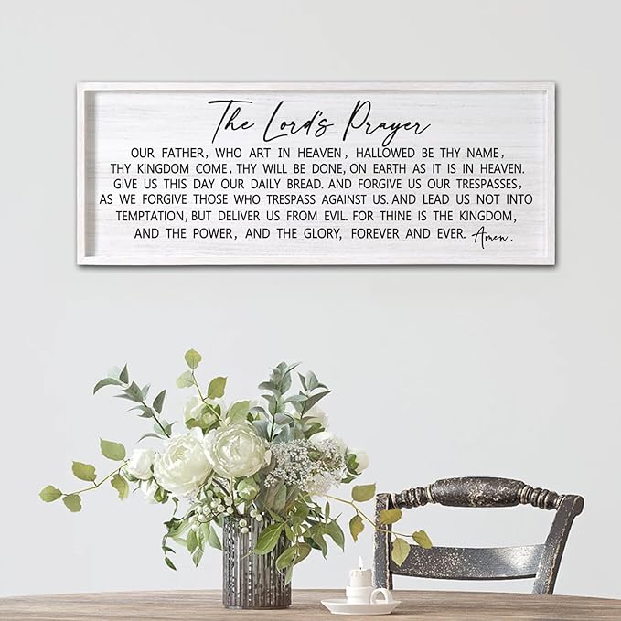 Our Father Prayer Bible Verse Framed Wall Art, 40''×15'' White Horizontal Religious Christian Lords Prayer Sign for God Jesus Christ Prayer, Rustic Holy Inspirational Catholic Scripture Decor