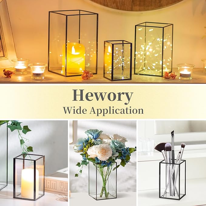 Glass Hurricane Candle Holder Large - Hewory 3pcs Black Rectangle Flower Holders Centerpiece for Table, Tall Floor Square Pillar Candle Lantern for Wedding, Anniversary, Party, Fireplace, Dining Room
