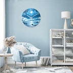 XFM Blue Wall Clock Battery Operated 14 Inch Silent Non-Ticking Glass Clocks Moon Ocean Wave Round Clocks for Kitchen Bedroom Bathroom Decor