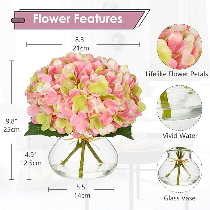 Hollyone Hydrangea Artificial Flowers with Glass Vase Pink-Green Silk Faux Flowers Arrangements in Vase with Faux Water Fake Floral Bulk Bouquet for Home Decor Table Centerpiece Decorations