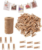 Small Clothes Pins for Photos,100PCS Mini Wooden Clothes Pins with 328 Feet Jute Twine,1.4 inch Tiny Clothes Pins for Photos,Crafts,Hanging Pictures,Baby Shower,Clip Photo Holders