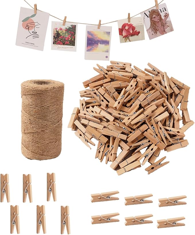 Small Clothes Pins for Photos,100PCS Mini Wooden Clothes Pins with 328 Feet Jute Twine,1.4 inch Tiny Clothes Pins for Photos,Crafts,Hanging Pictures,Baby Shower,Clip Photo Holders